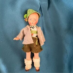 Vintage 1930 German Collectible Small Folk Doll in Green and Brown Outfit